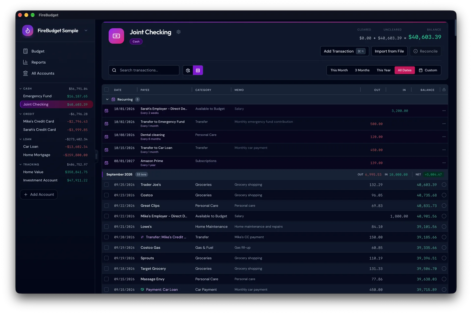 FireBudget desktop app account register with the recurring group expanded, listing upcoming salary, bills, and transfers with their next dates and schedules from every two weeks to yearly