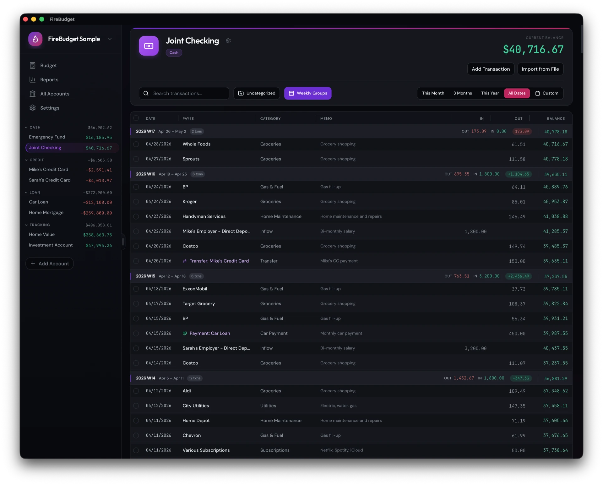 FireBudget desktop app account register showing weekly grouped transactions with running balances, filters, and categorized activity